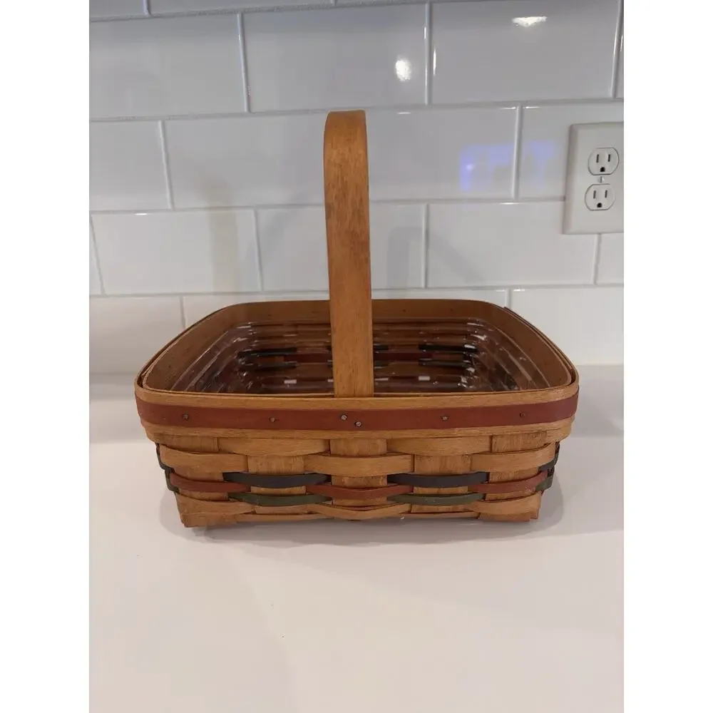 1990 LONGABERGER Square Basket Stationary Handle Blue Green Red Bands 12" - Picture 3 of 8